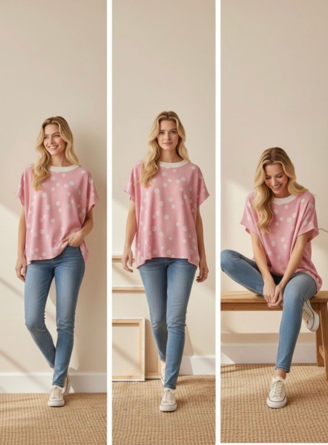 Pink Polka Dot Crinkle Knit Top