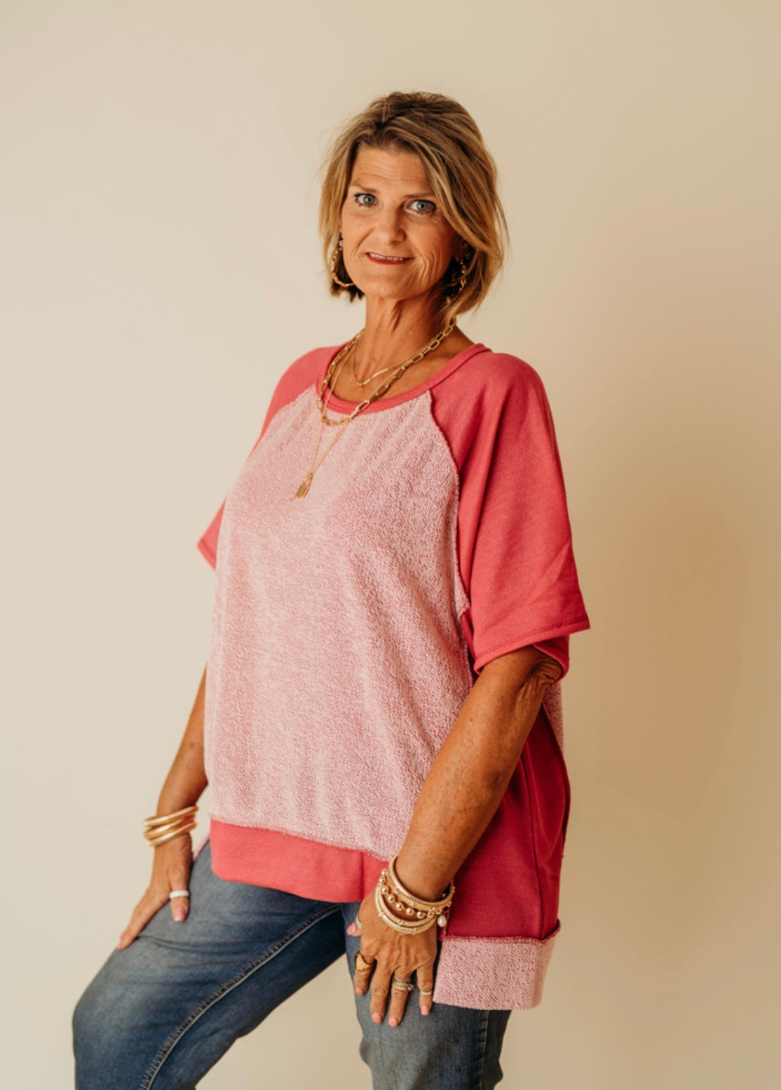 Oversized Fuchsia uneven hem stitched top