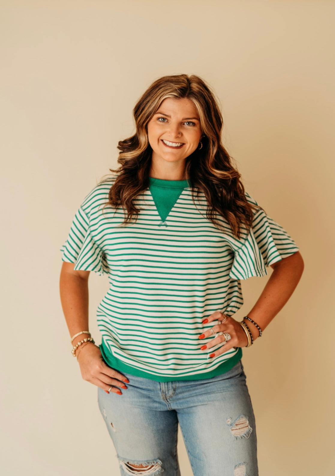 Bright Green Striped Ruffle Sleep Top
