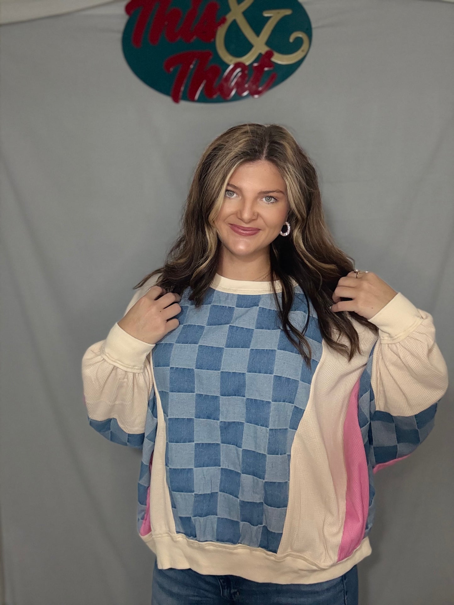 Sky Blue Oversized Checkered Denim Top