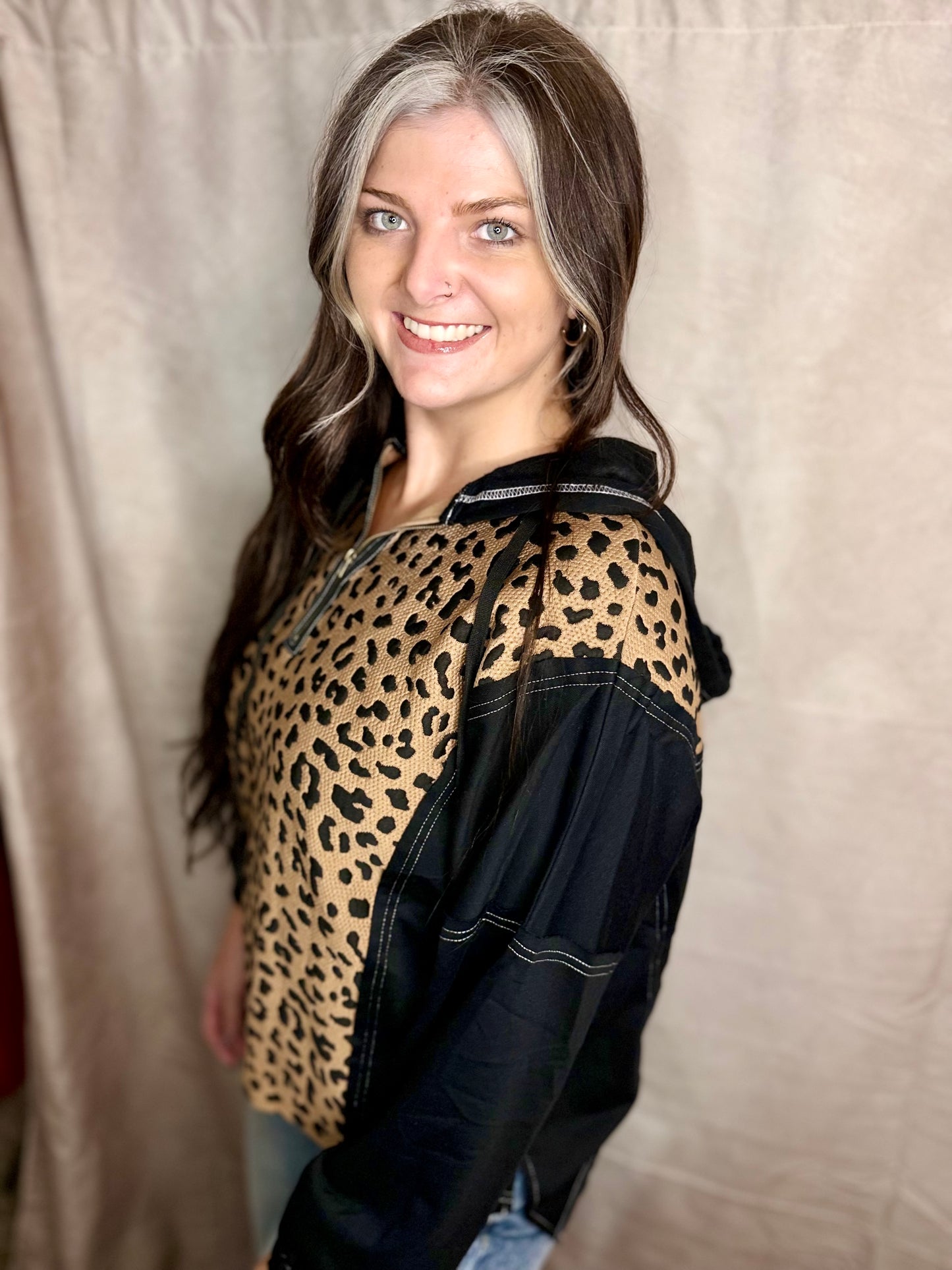 Leopard Black Hooded Quarter Zip