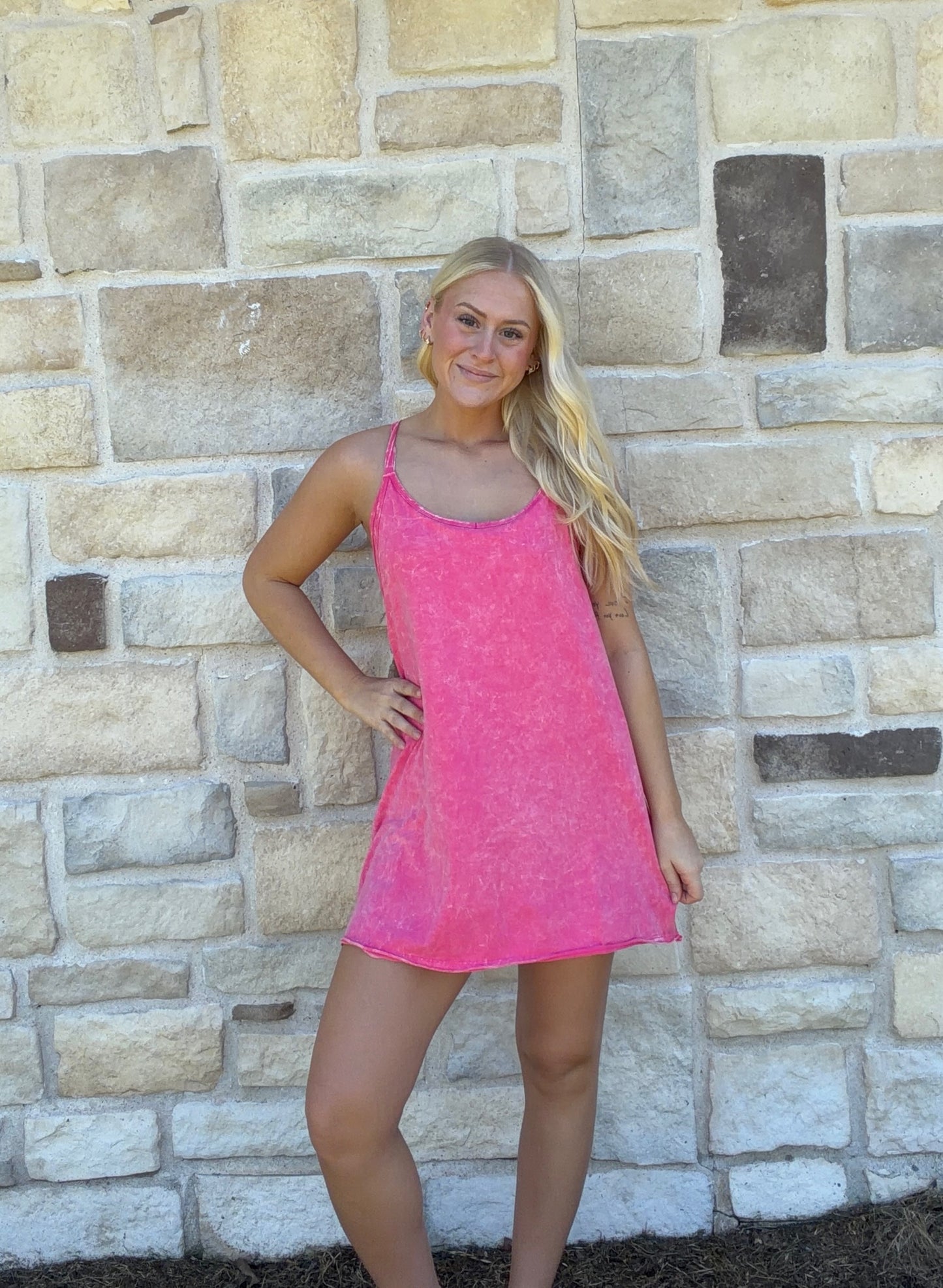 Pink Washed Mini Dress W/Built in Romper