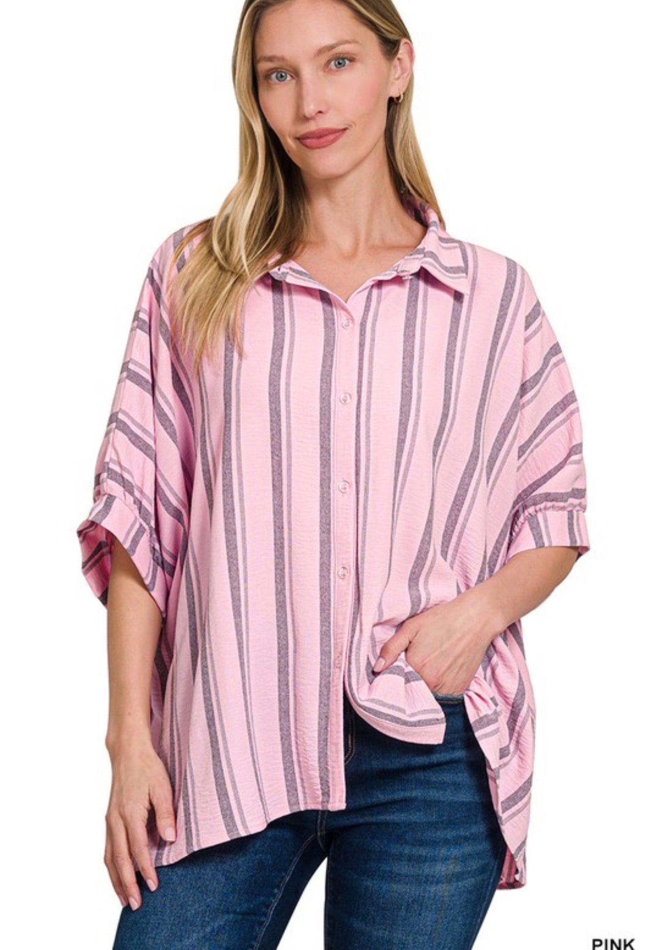 Pink Stripe Oversized Button Down Shirt