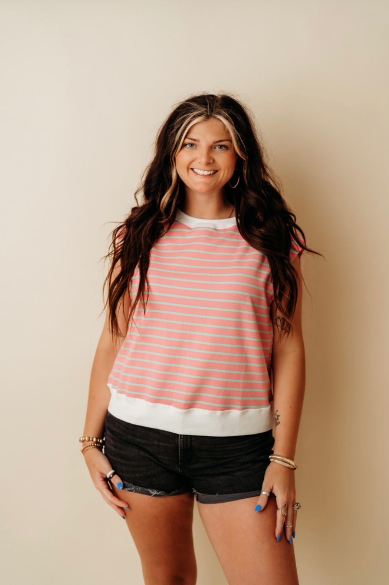 Pink/Green Stripe cap sleeve top