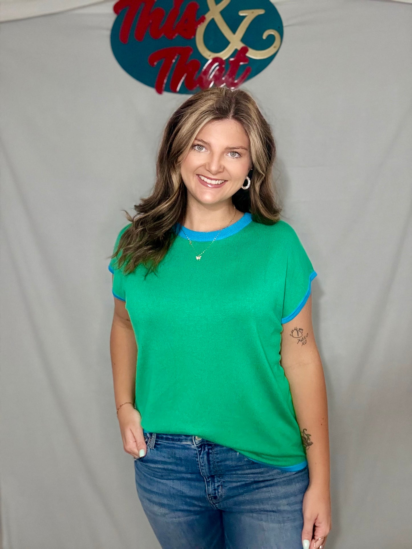 Green Contrast Trim Round Neck Top