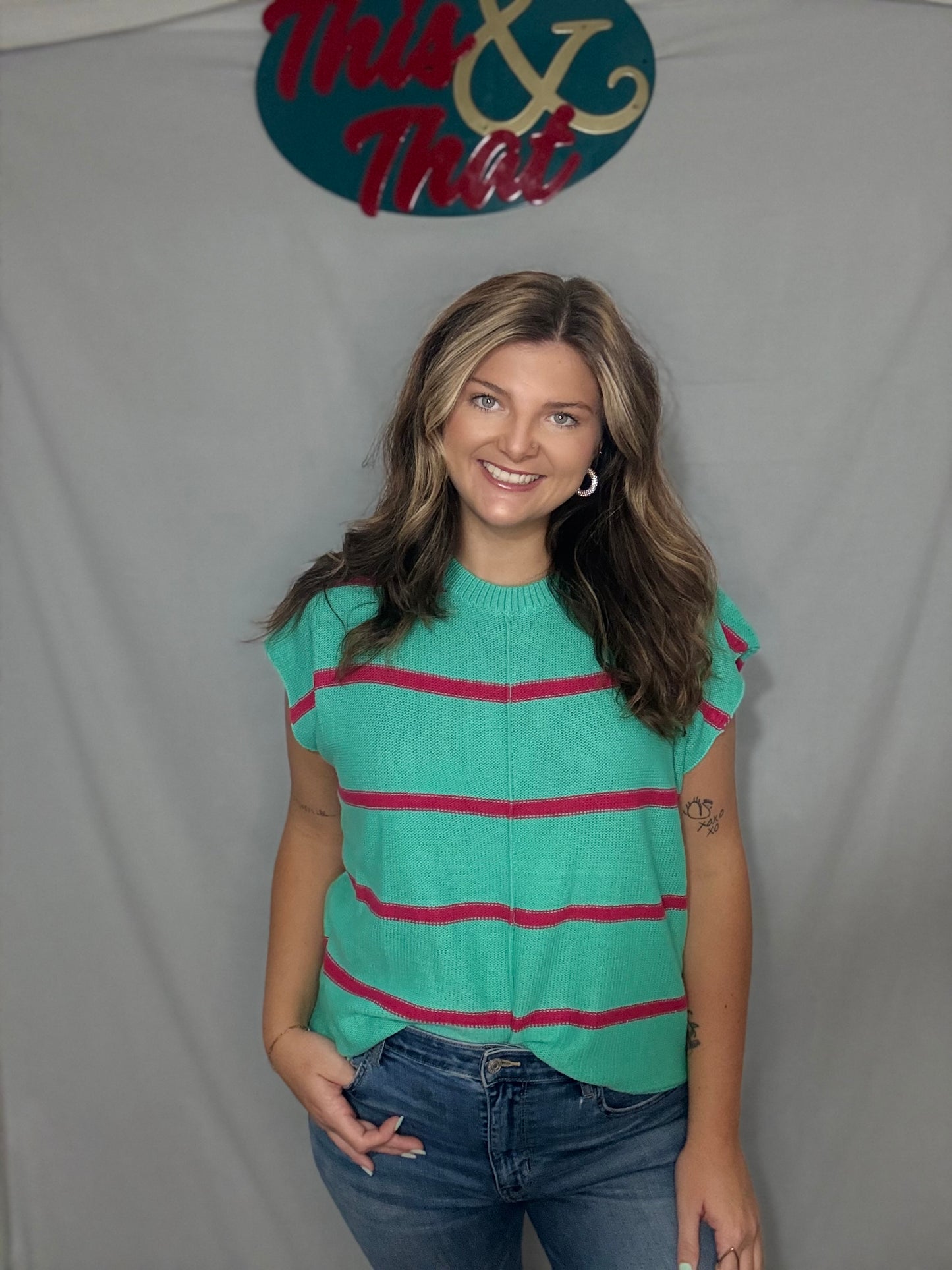 Fuchsia/Mint Stripe Sweater Knit Top