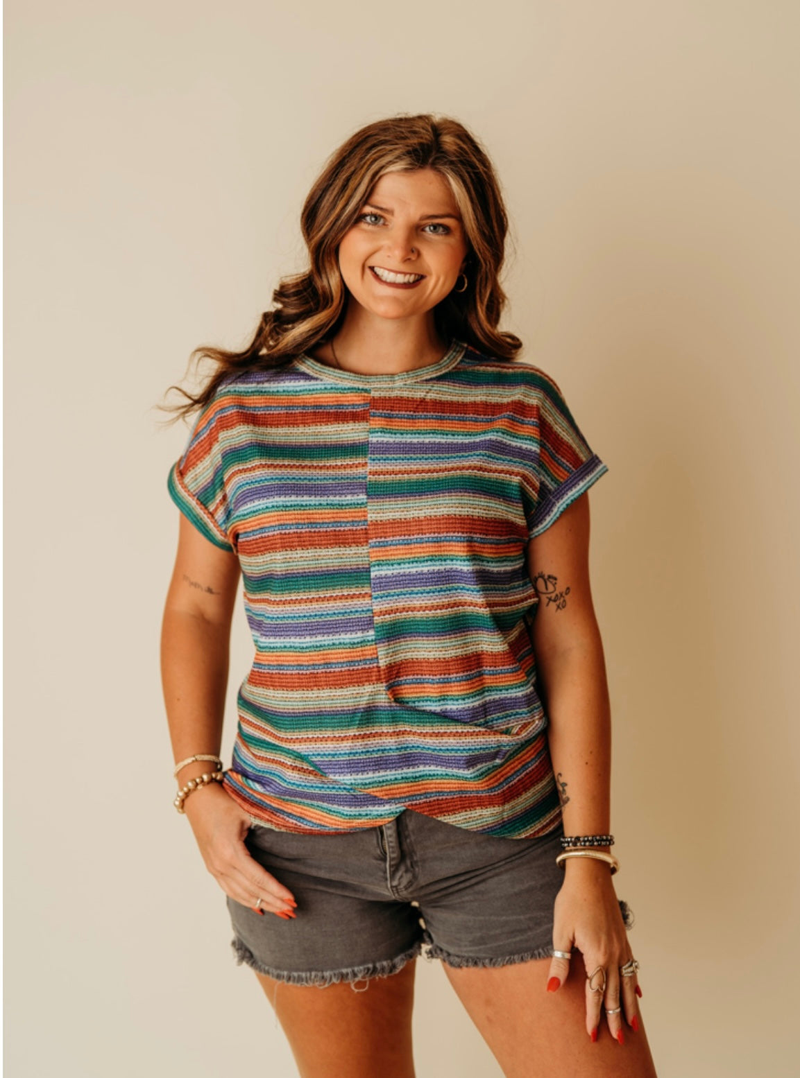 Multi Color Striped black Pattern twist hem top