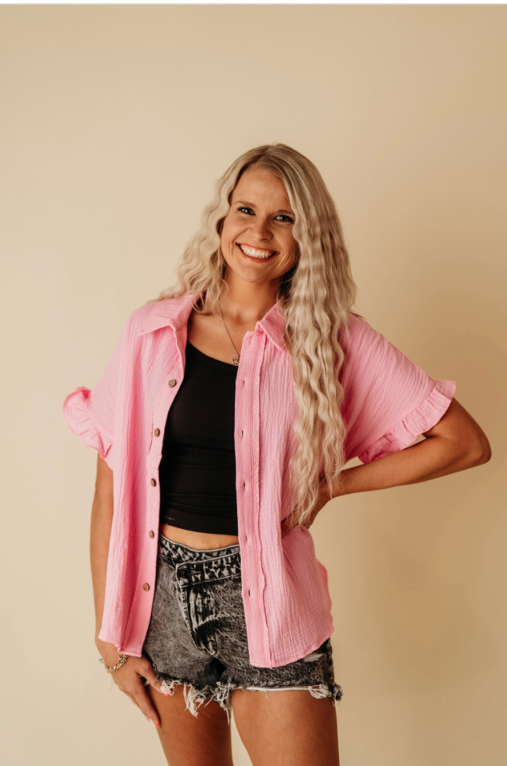 Pink washed textured short sleeve top
