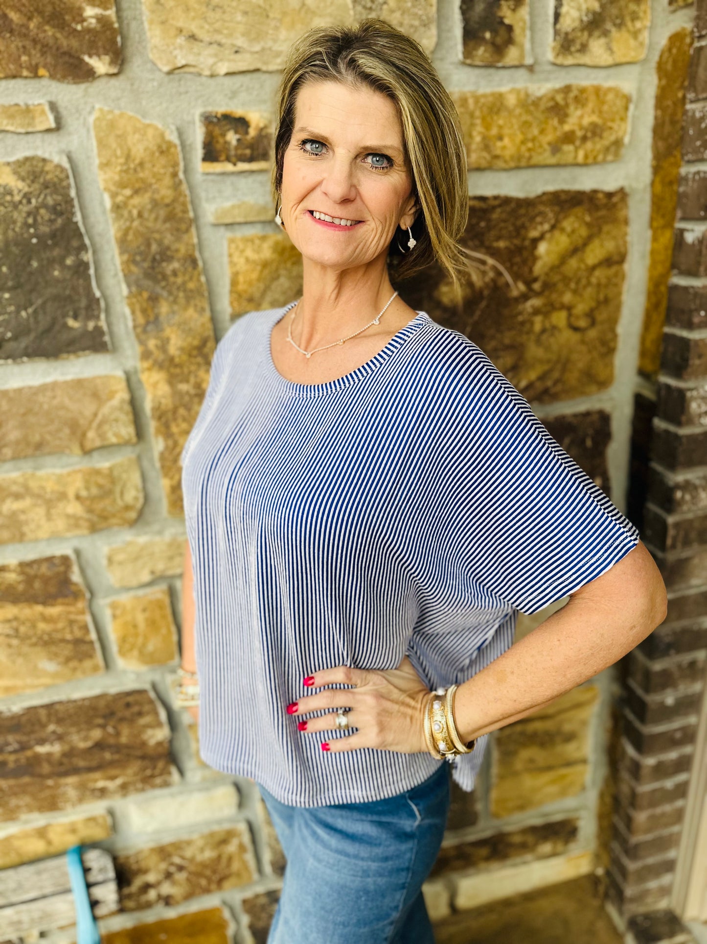 Bright Blue ribbed striped oversized top