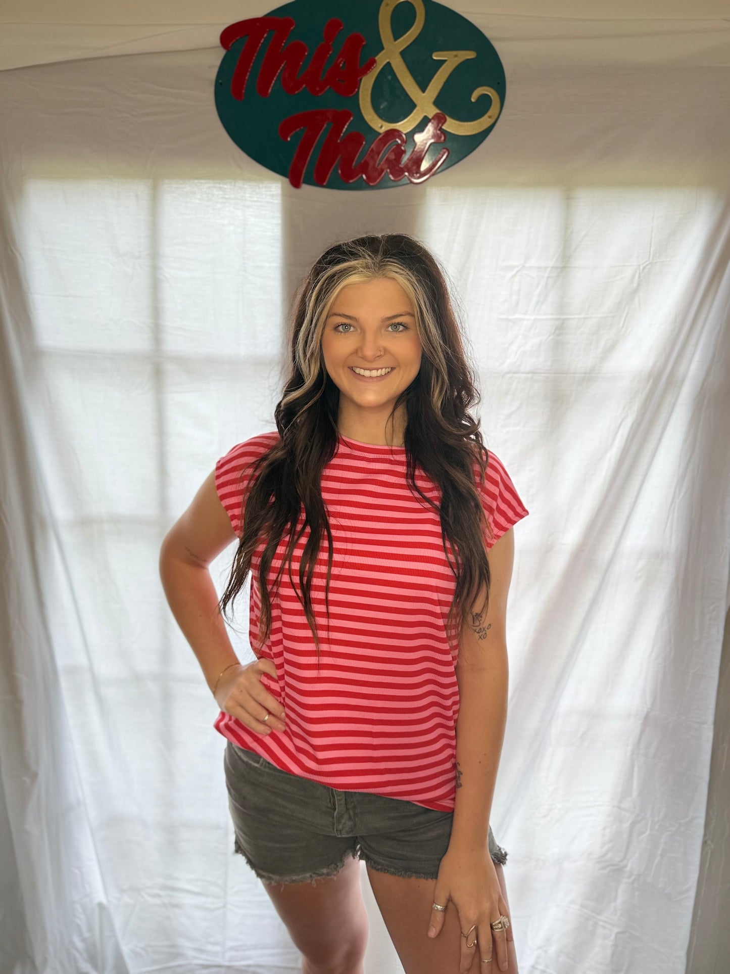 Red Striped cap sleeve top