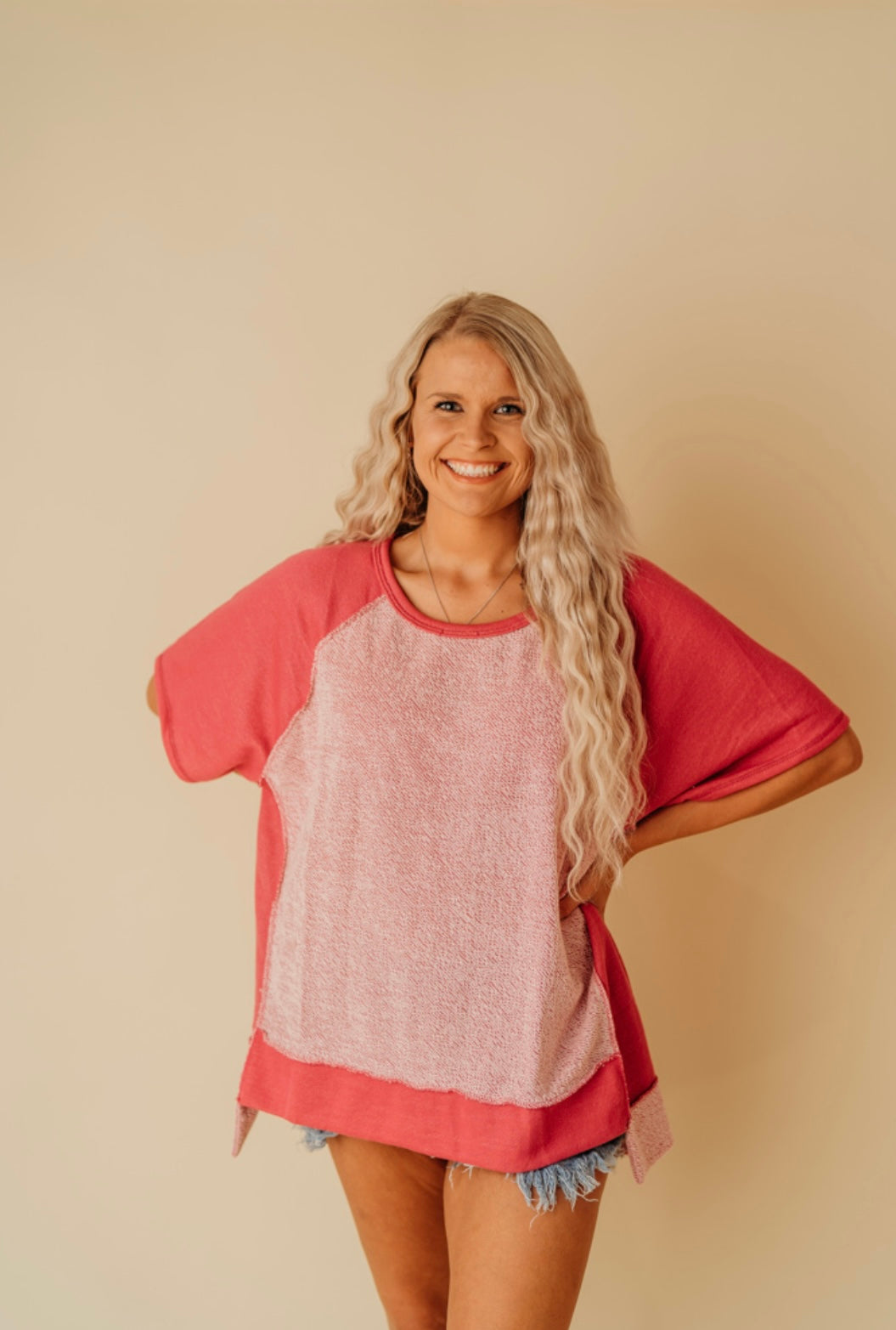 Oversized Fuchsia uneven hem stitched top