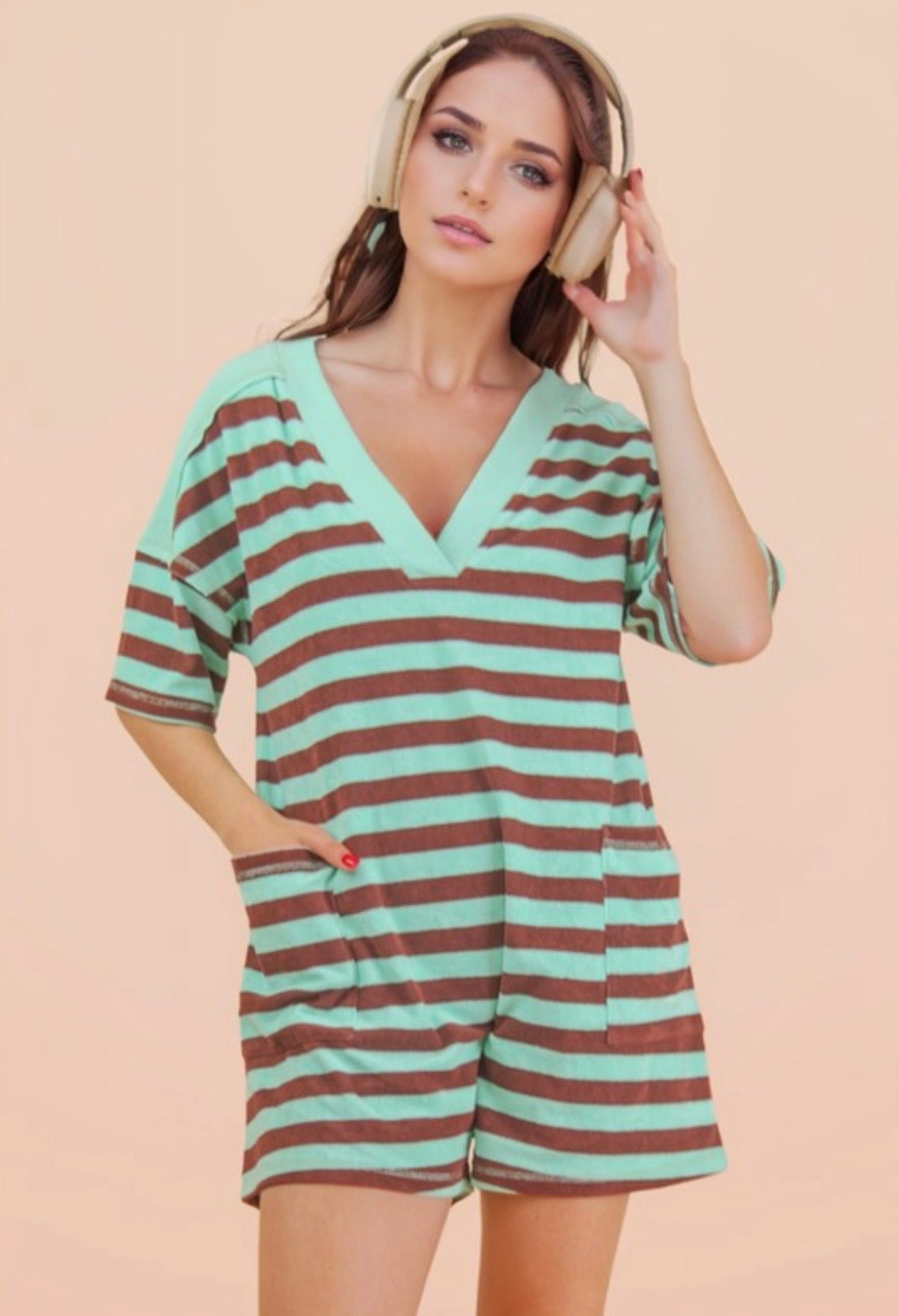 Mint/Taupe Casual Knit Romper