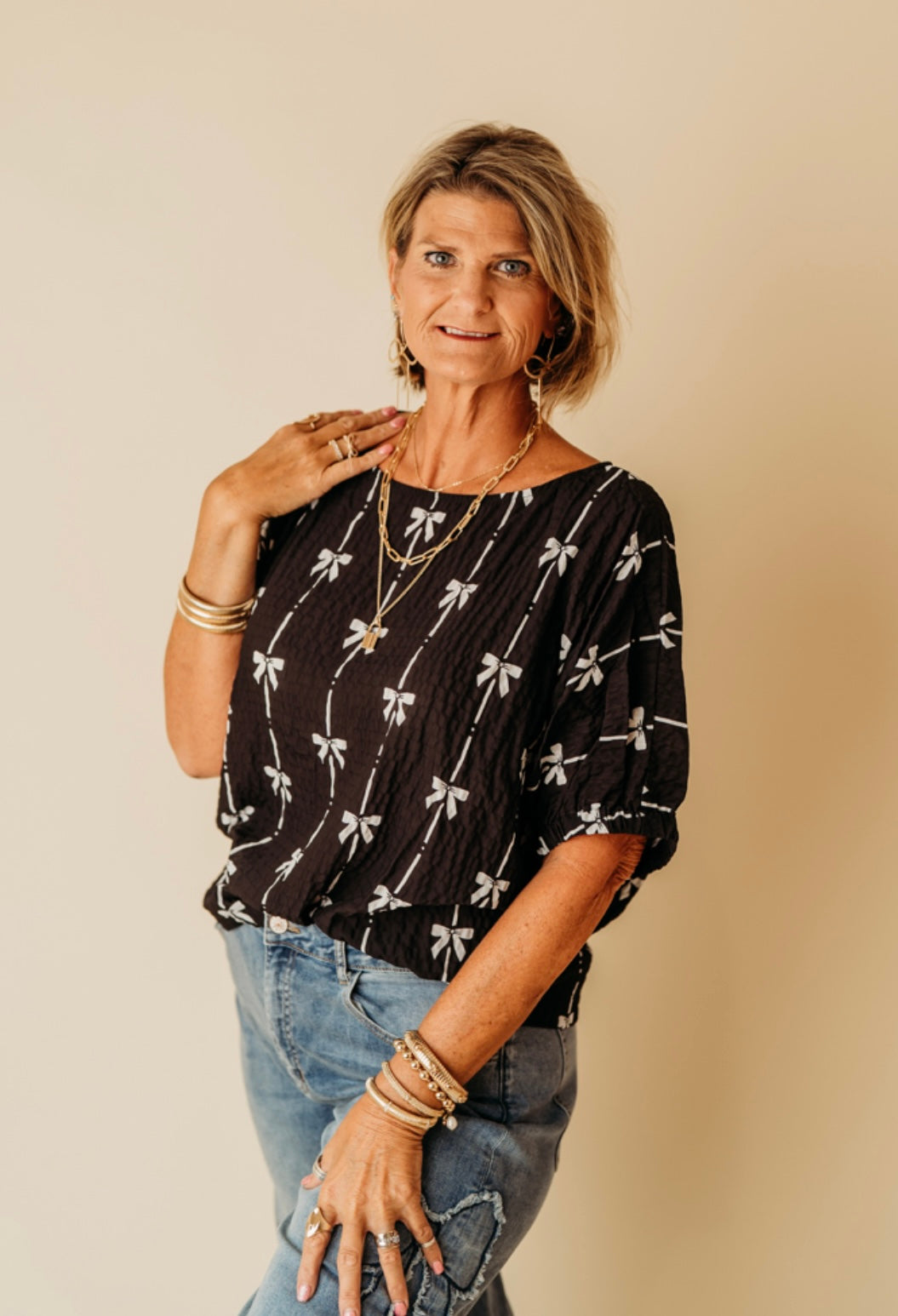 Black Bow Print Puff Sleeve Top