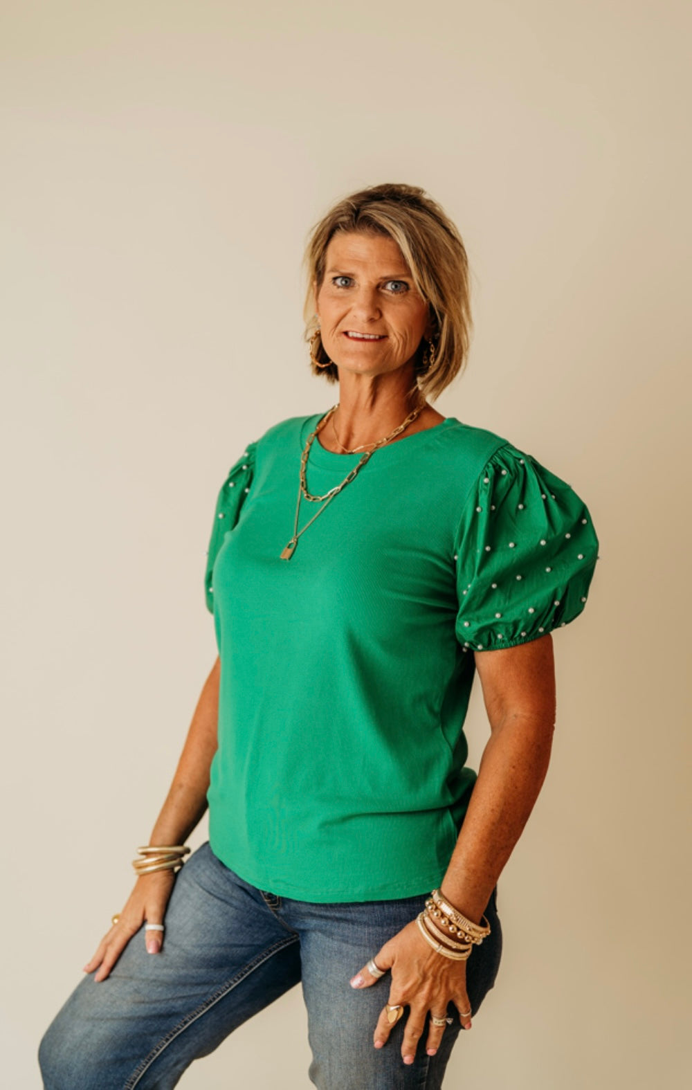 Bright Green Ribbed Pearl Puff Sleeve Top