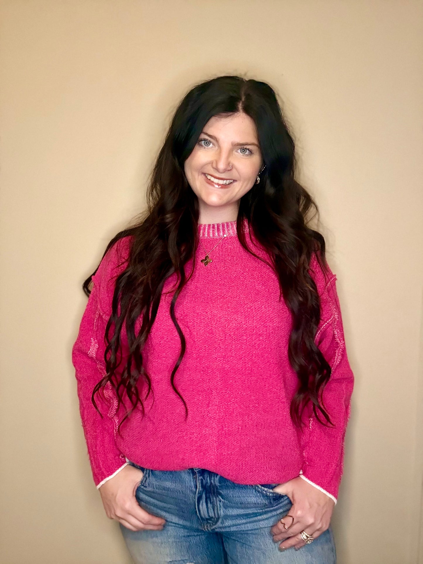 Neon Hot Pink Round Neck Sweater