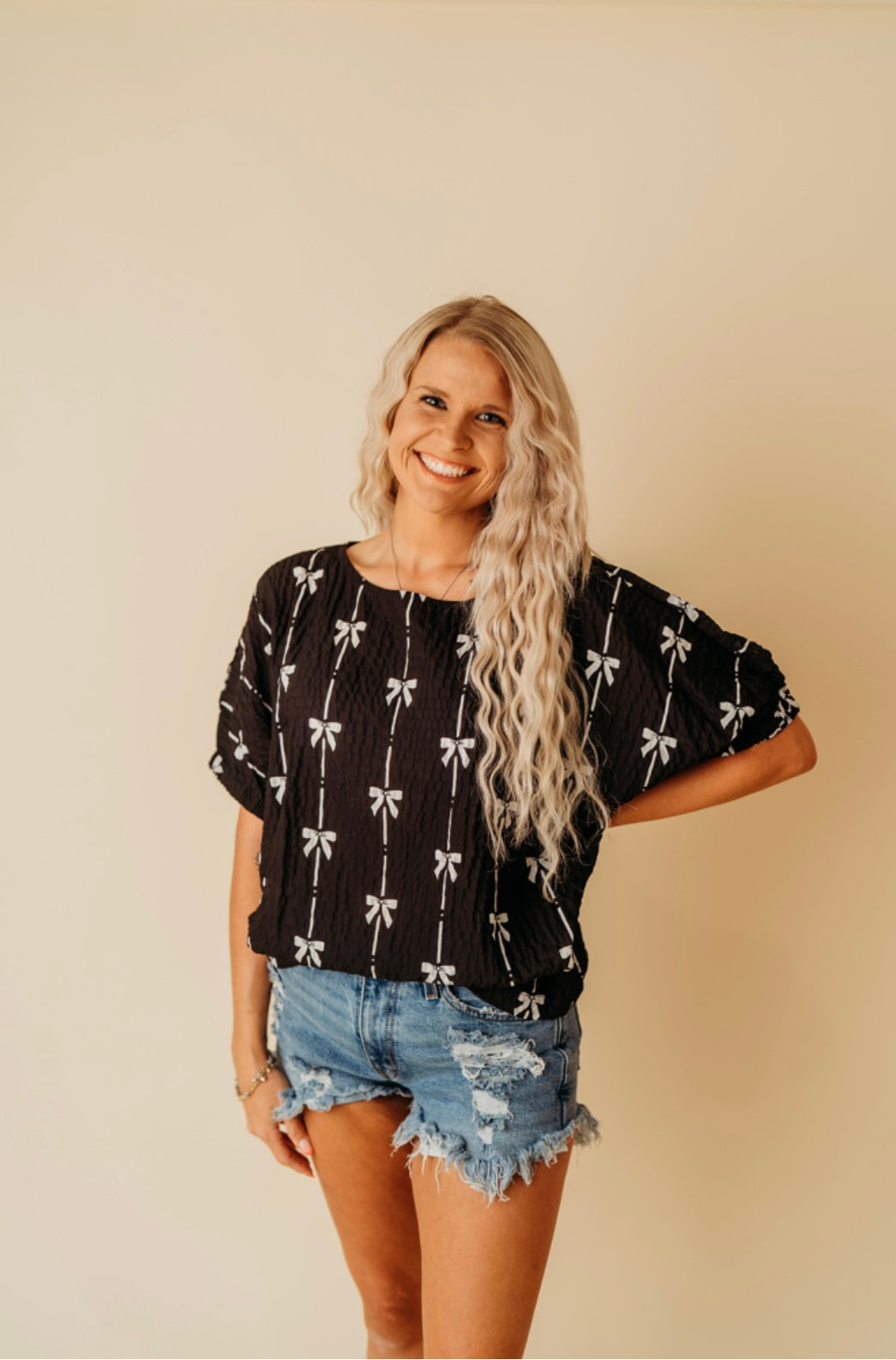 Black Bow Print Puff Sleeve Top
