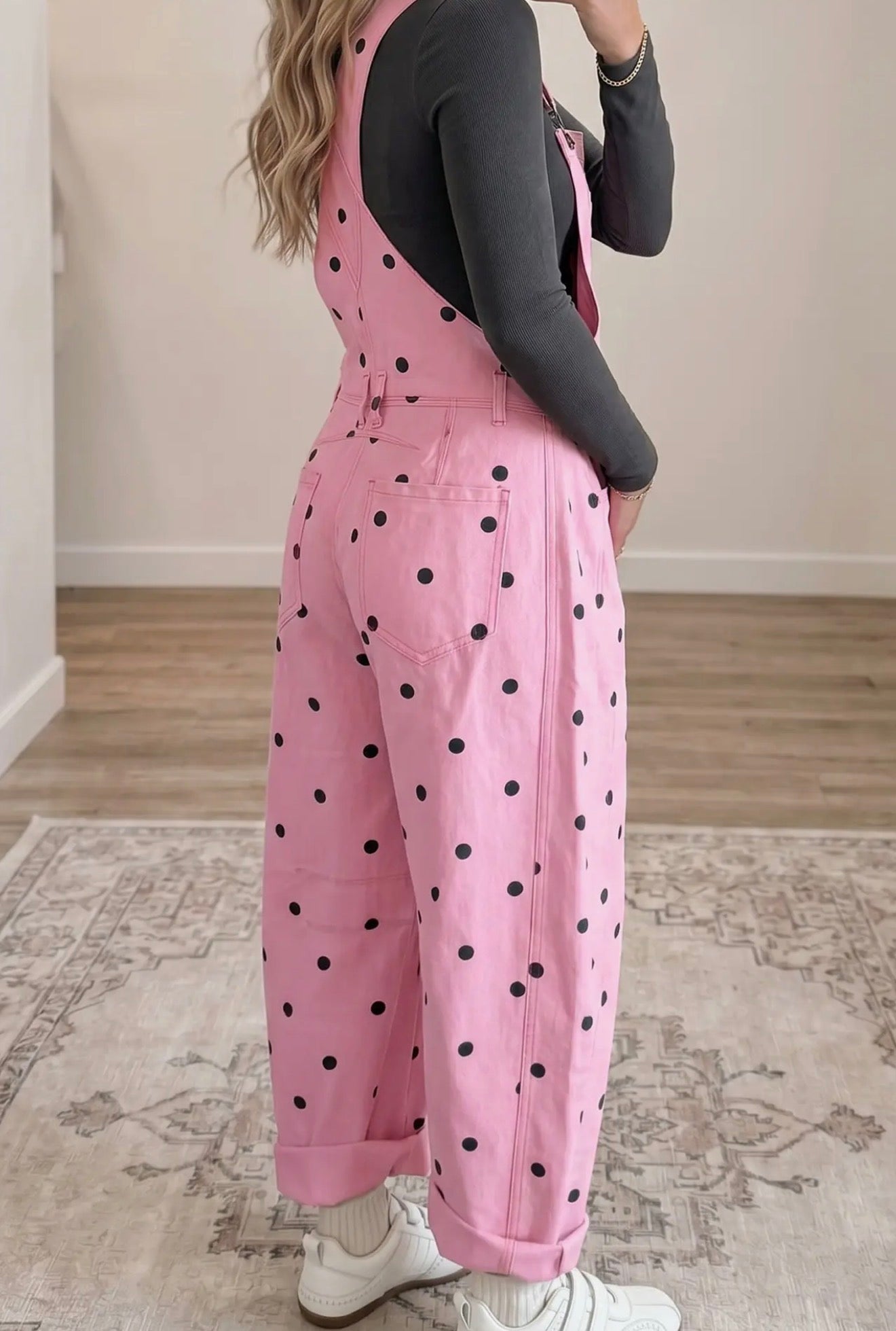 Pink Polka Dot Denim Barrel Overalls