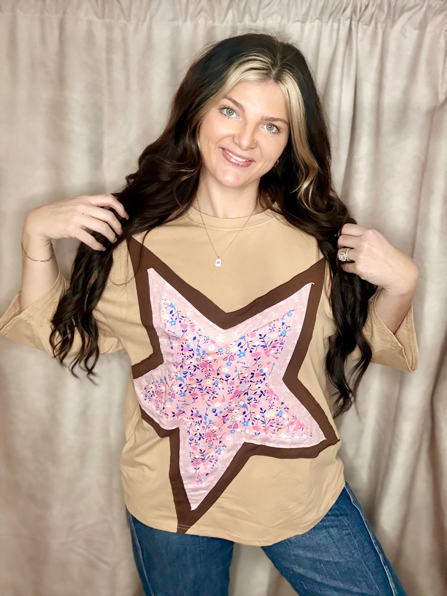 Camel Floral Star Patchwork Top