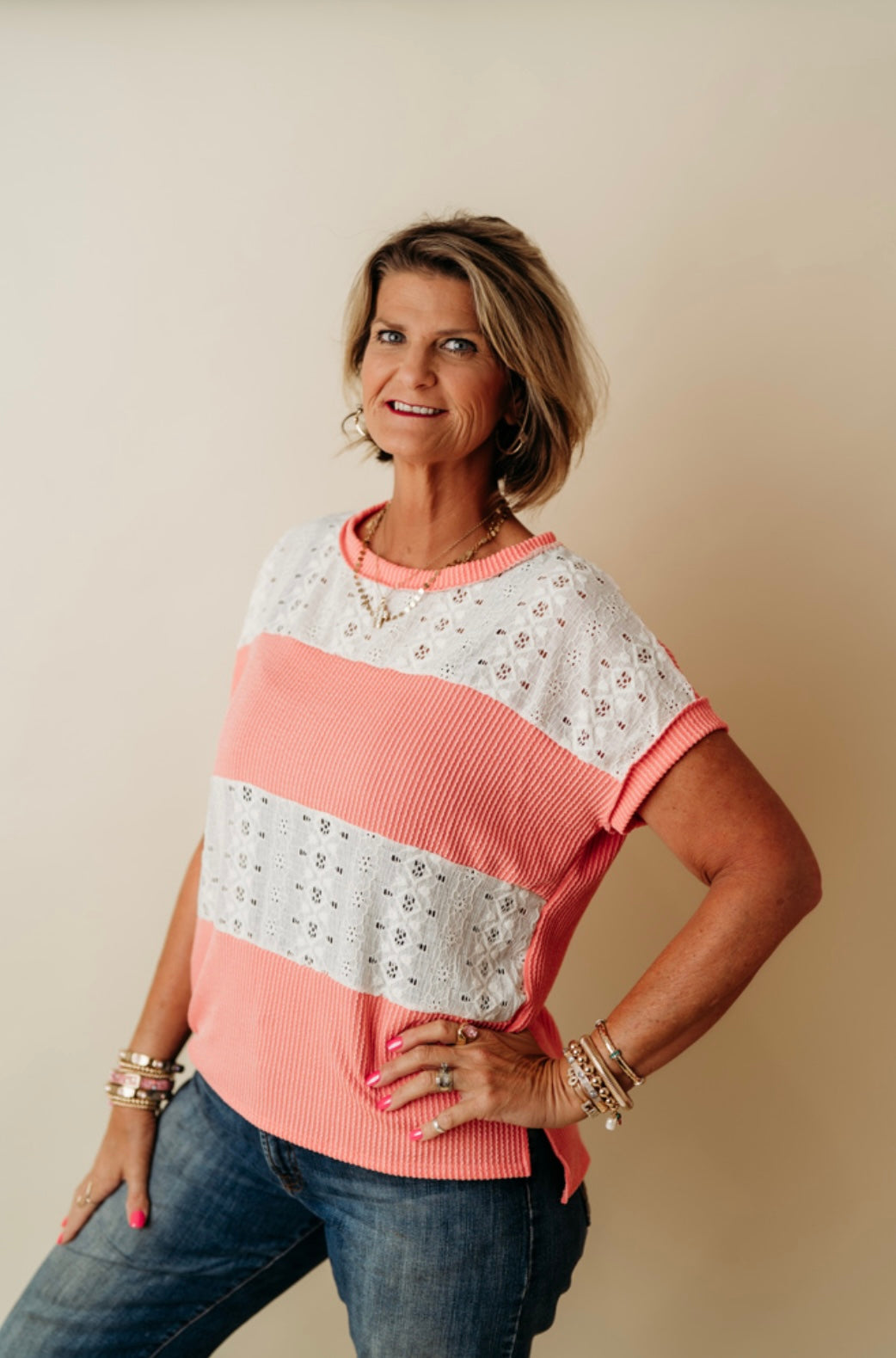 Coral Ribbed Lace top