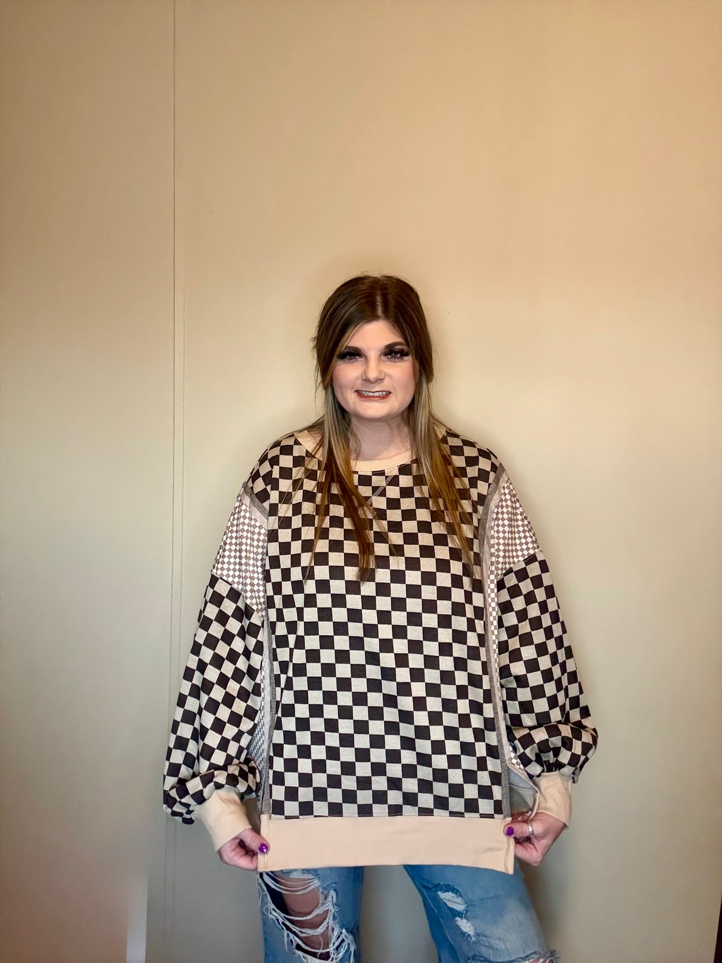 Brown Checked Oversized Top