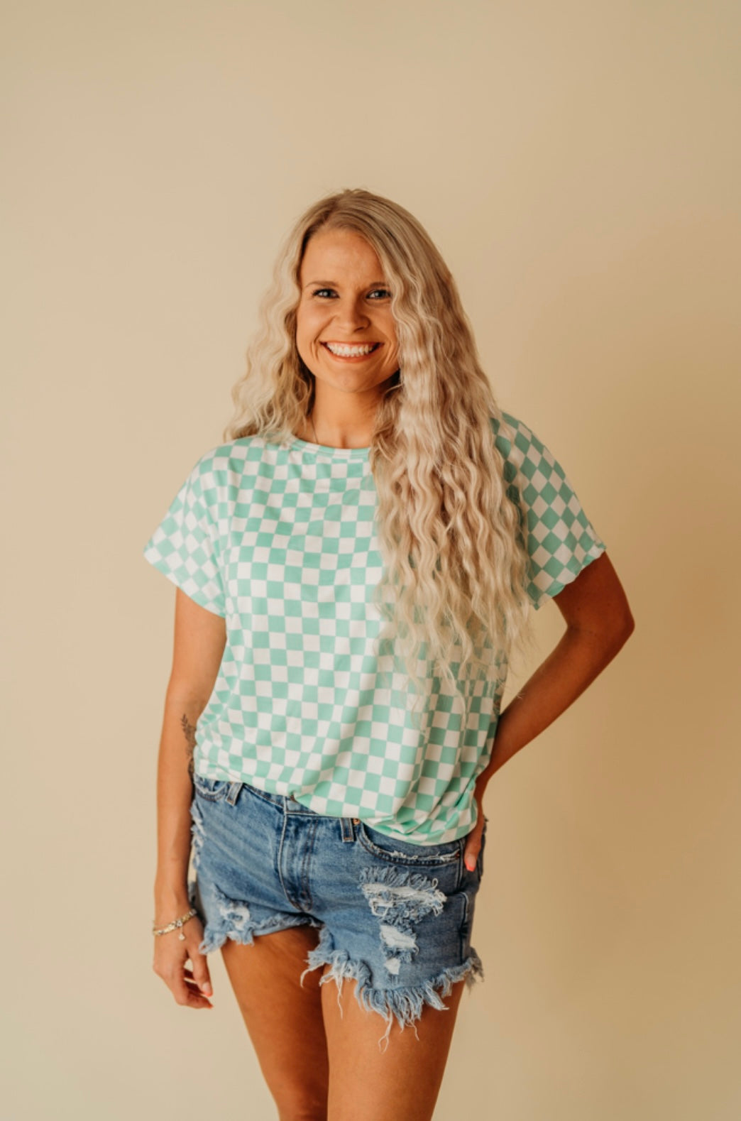 Mint Checkered relaxed tee