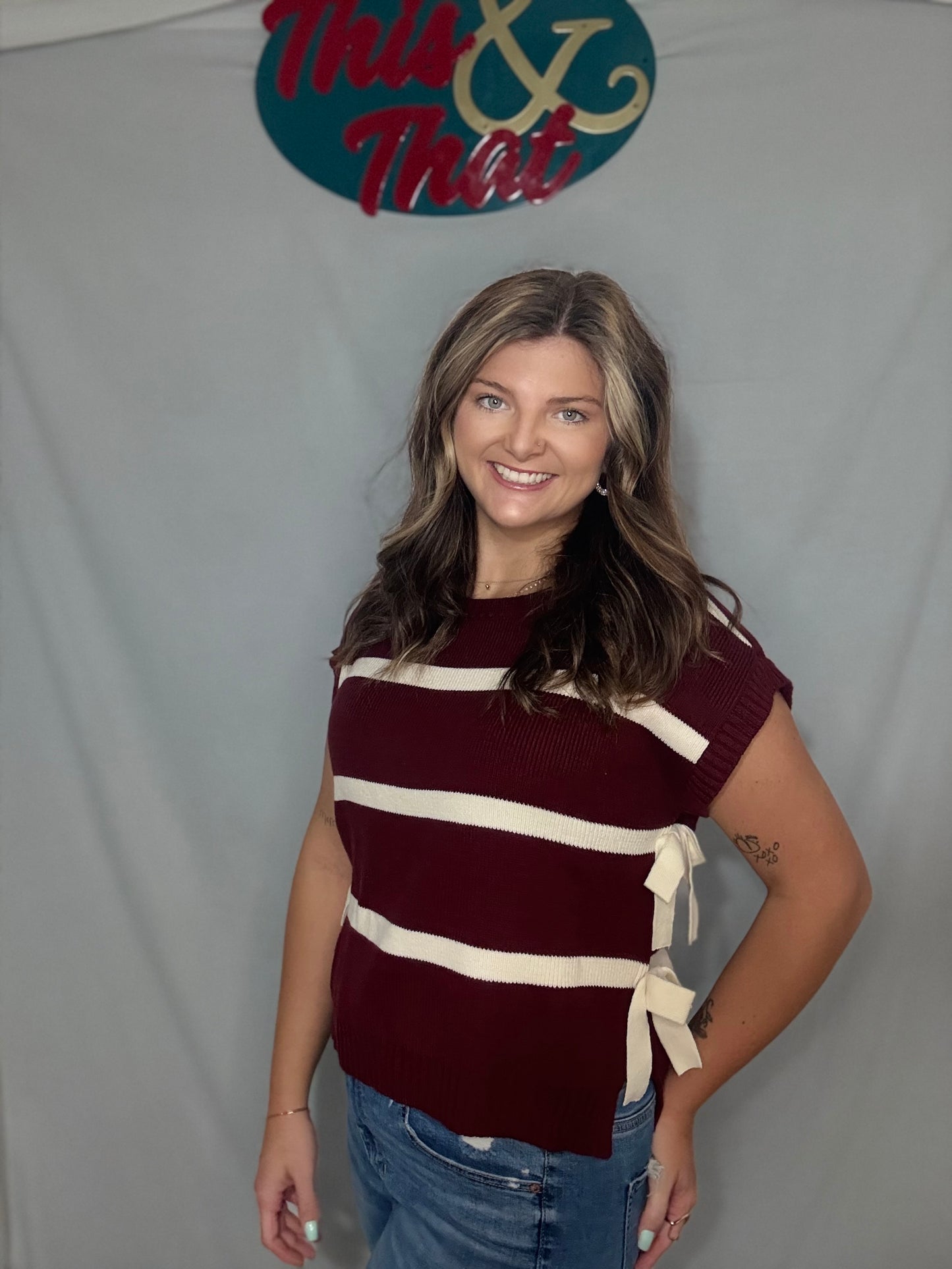 Burgundy Stripe Side Tie Sweater Vest