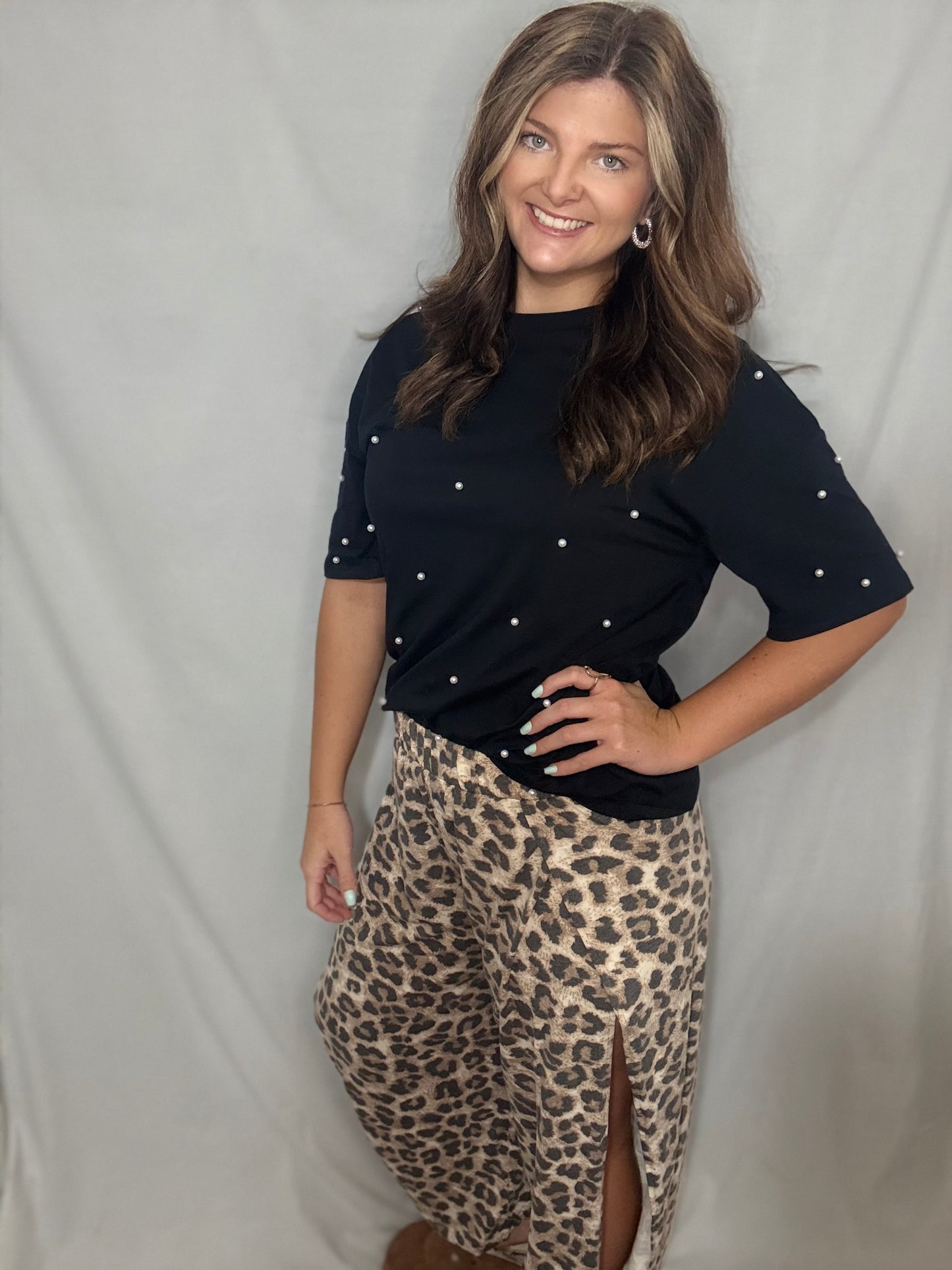 Soft leopard open leg slit pants
