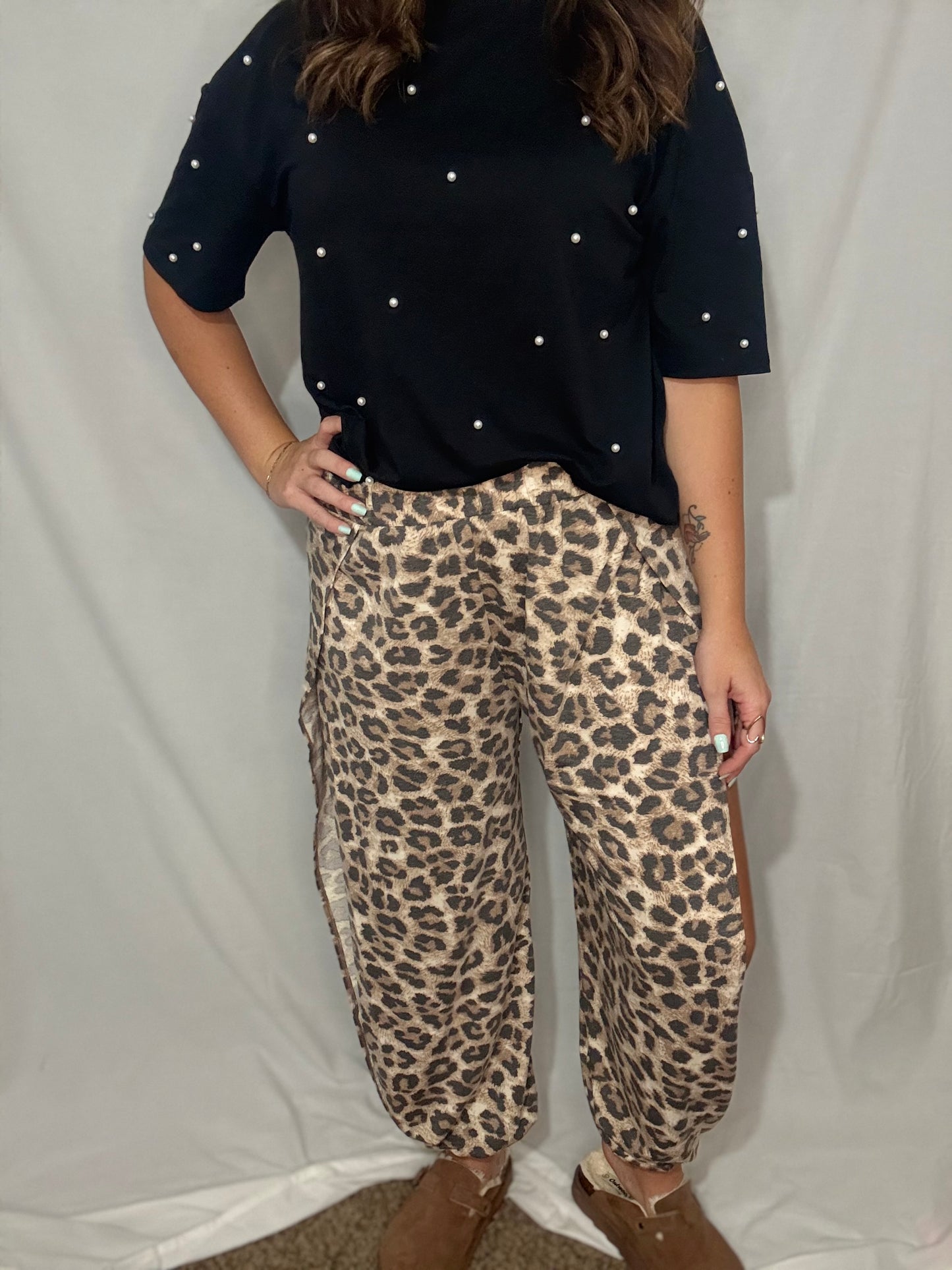 Soft leopard open leg slit pants