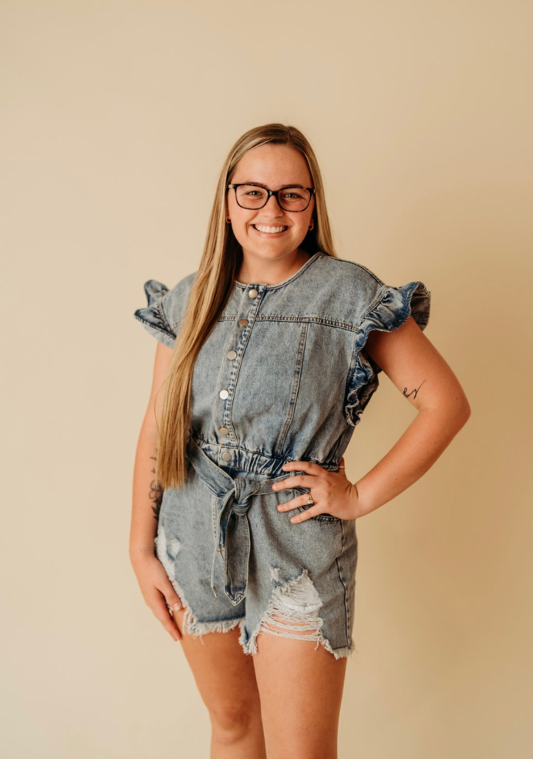 Denim Distressed Ruffled Washed Romper