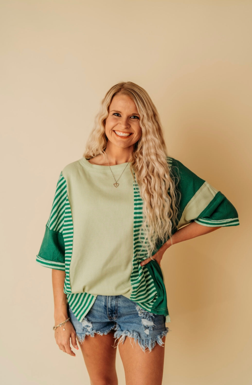 Green Stripe Oversized 3/4 Sleeve Knit Top