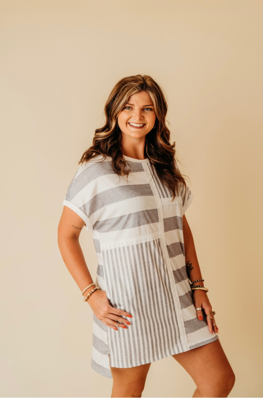 Gray Stipe Printed Tshirt Dress