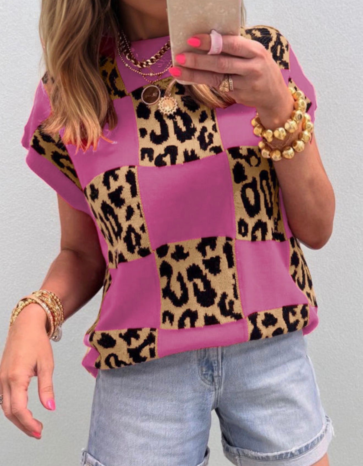 Pink Leopard Checkered Sweater