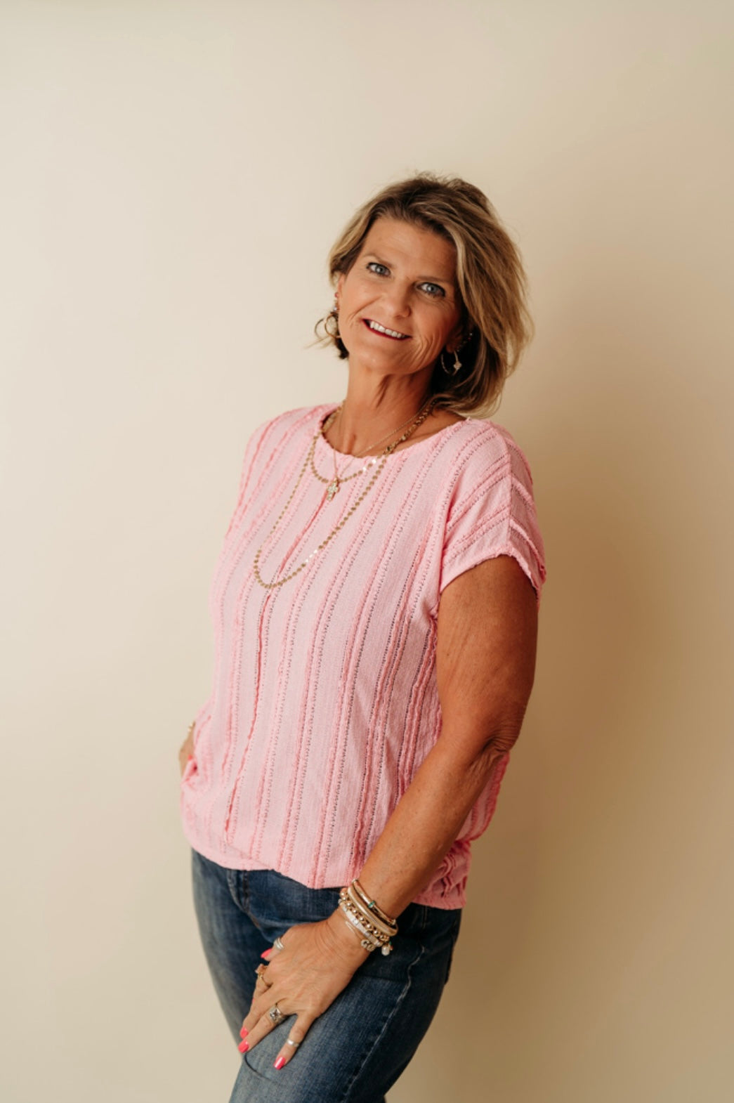 Pink Solid textured cap sleeve top