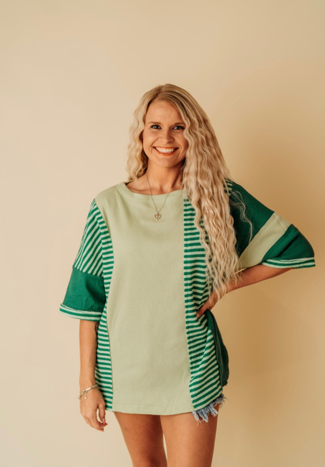 Green Stripe Oversized 3/4 Sleeve Knit Top
