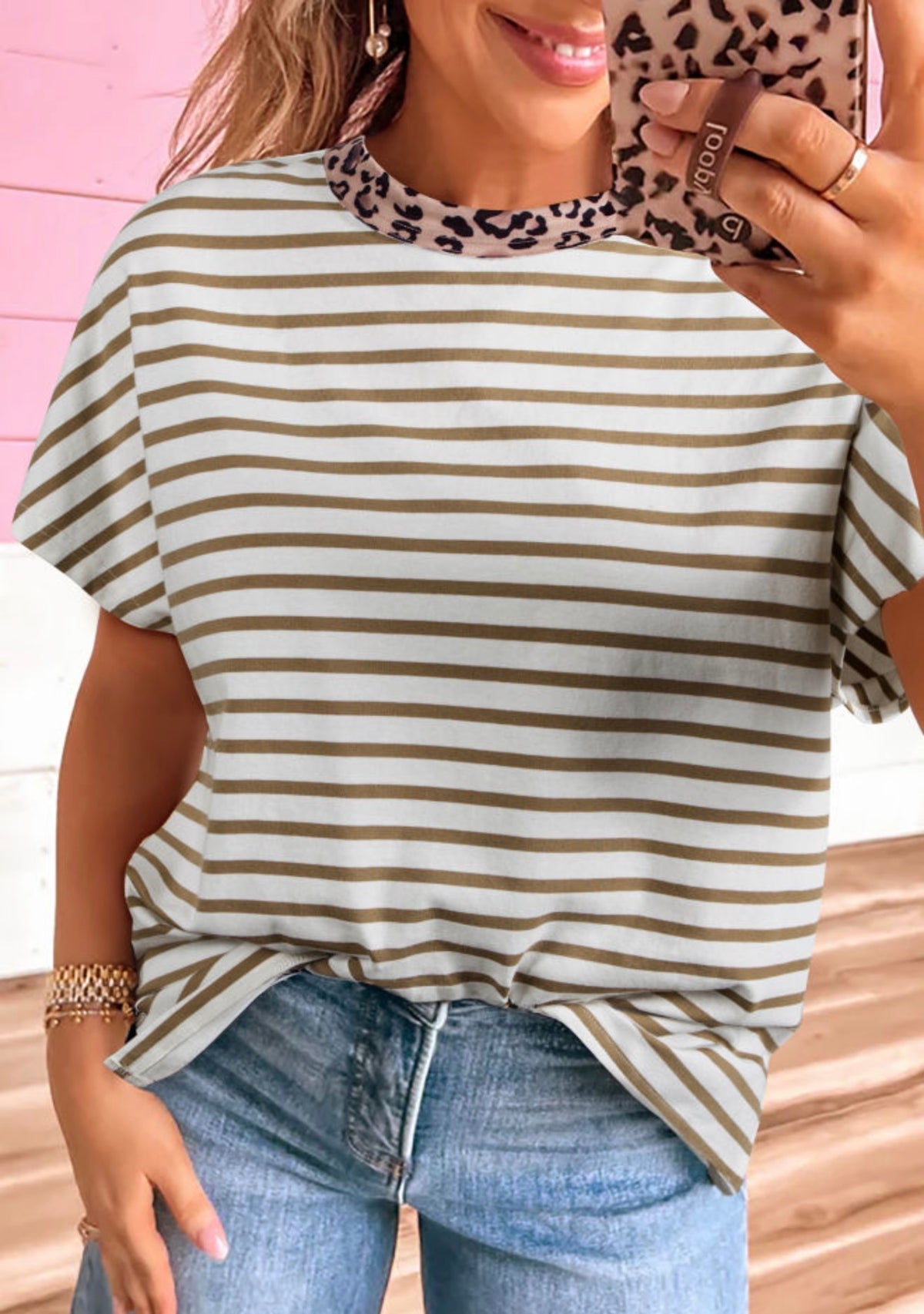 Khaki Stripe Leopard Trim Top