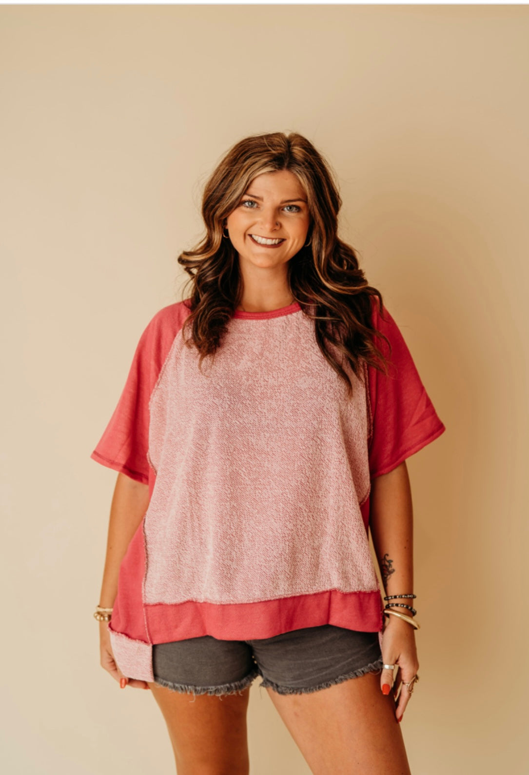 Oversized Fuchsia uneven hem stitched top