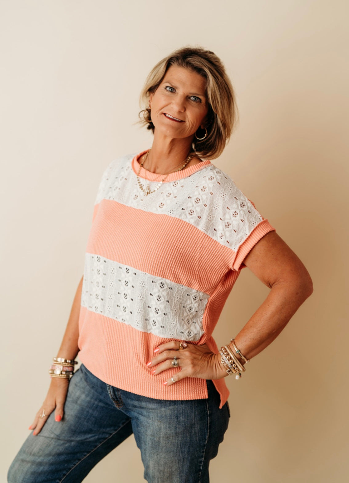 Coral Ribbed Lace top