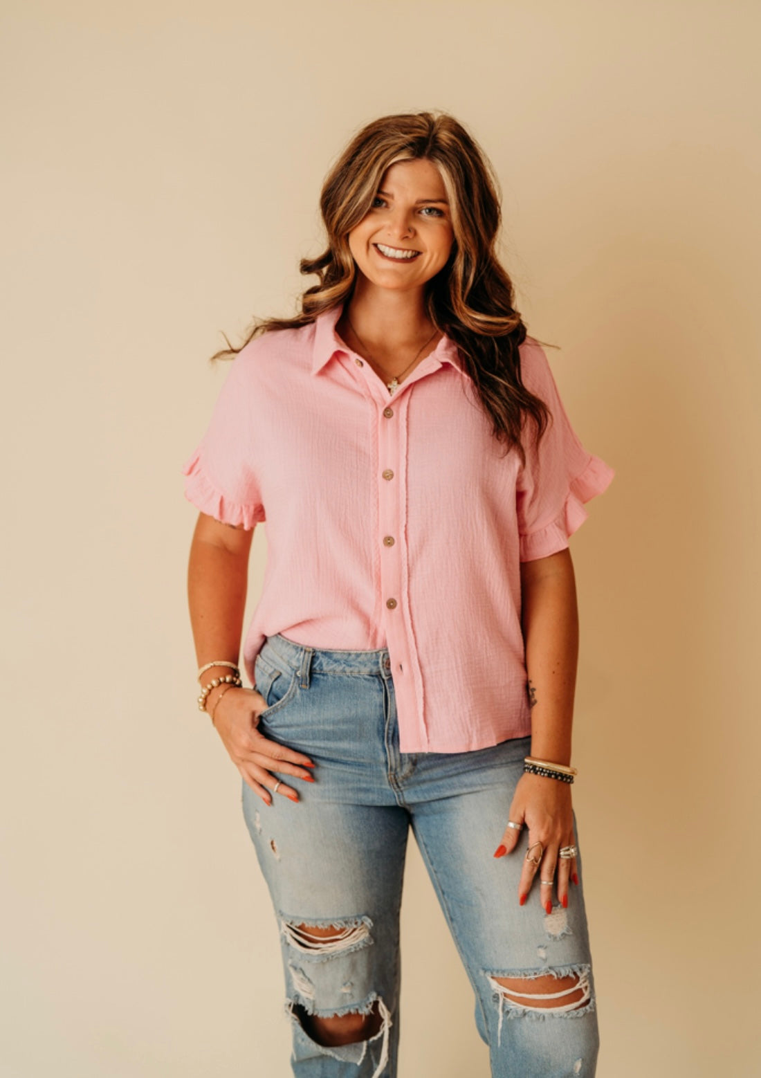 Pink washed textured short sleeve top