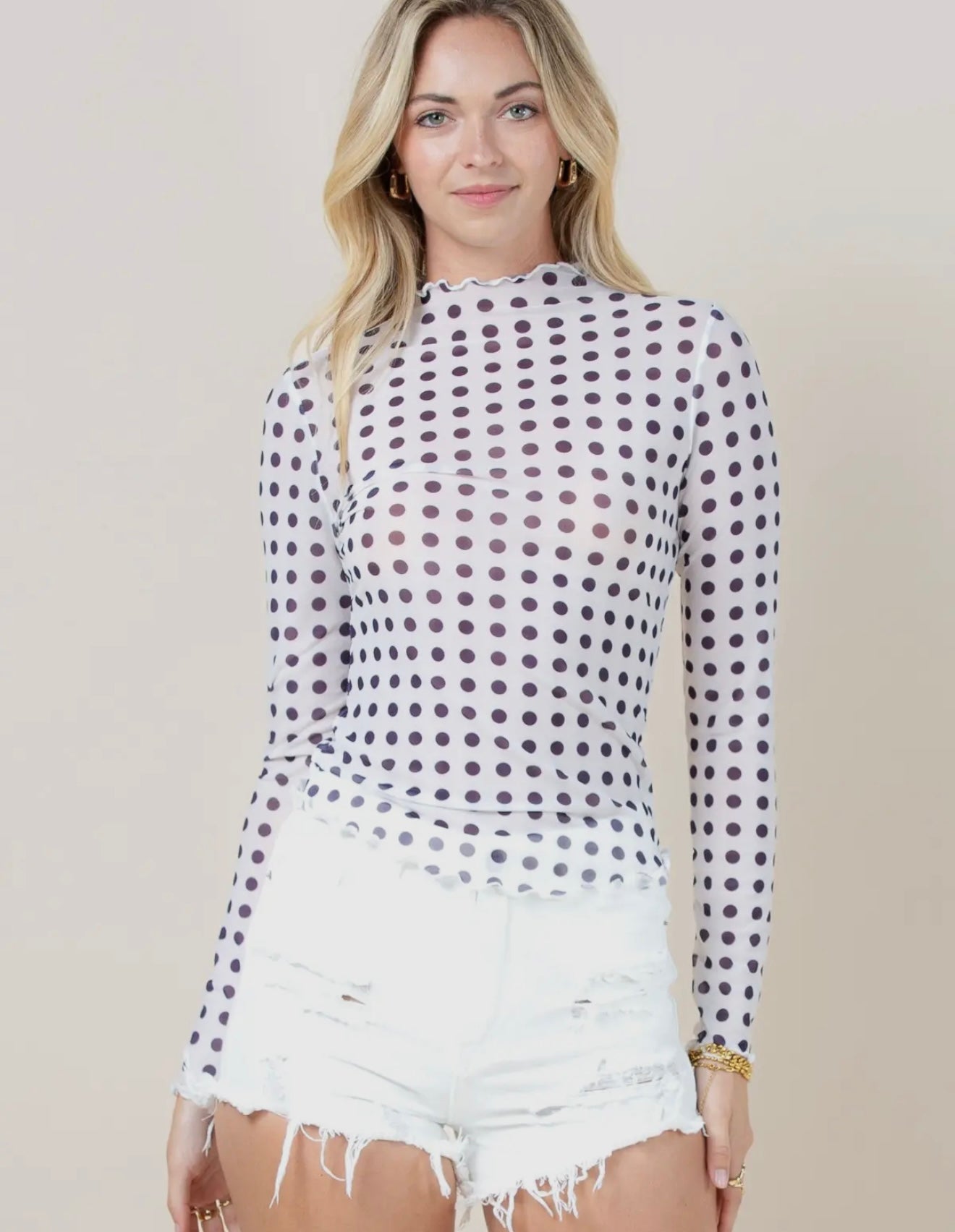 B&W polka dot mesh top