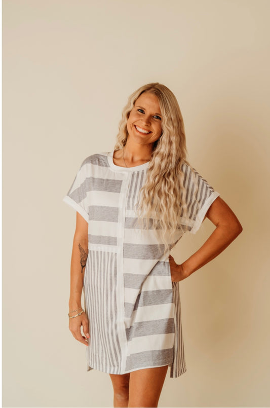 Gray Stipe Printed Tshirt Dress