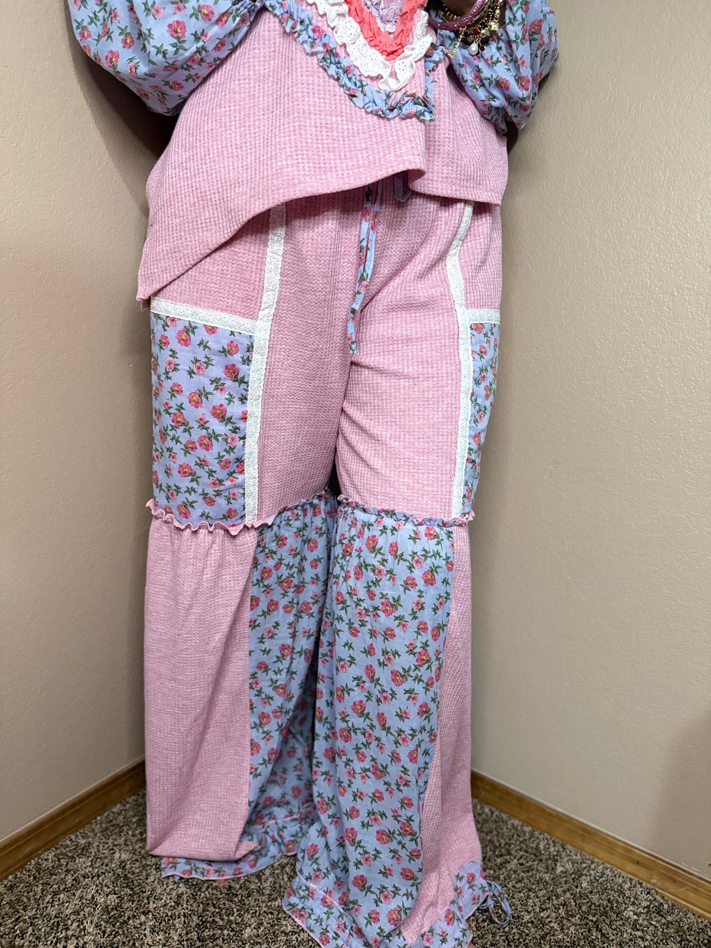 Waffle Knit Flower Print Pants