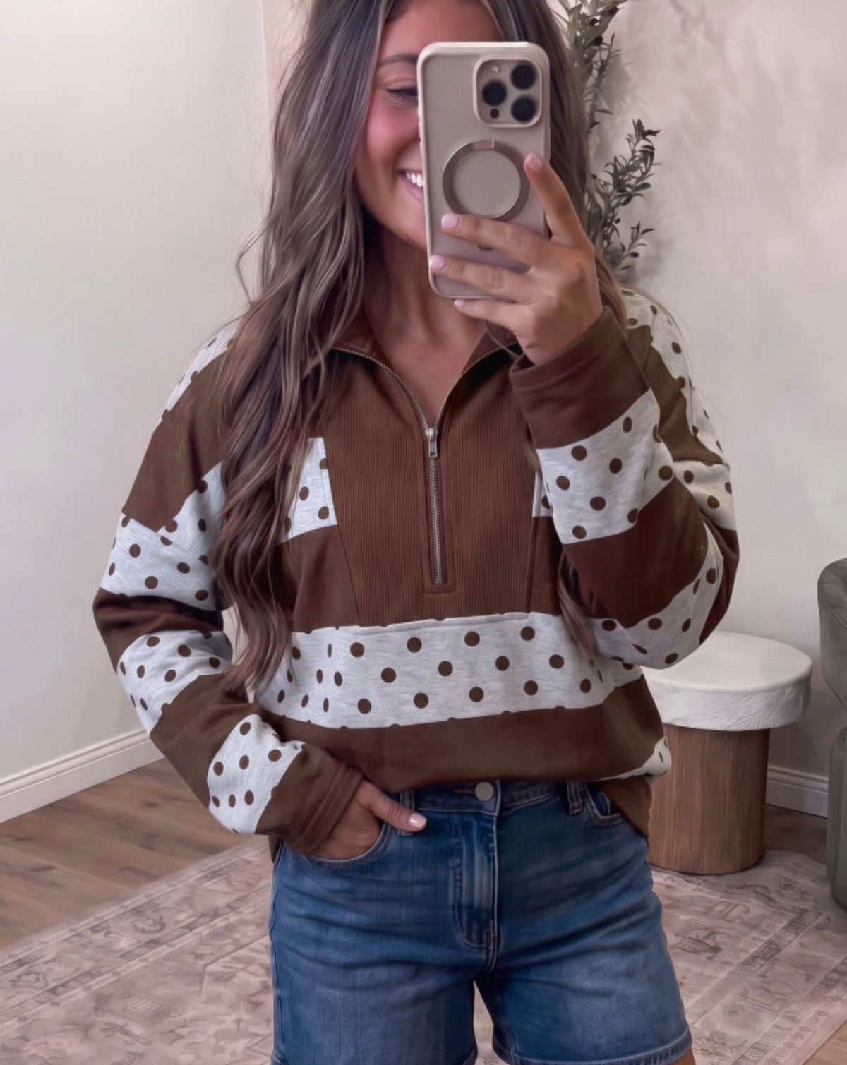 Brown Stripe Polka Dot Quarter Zip