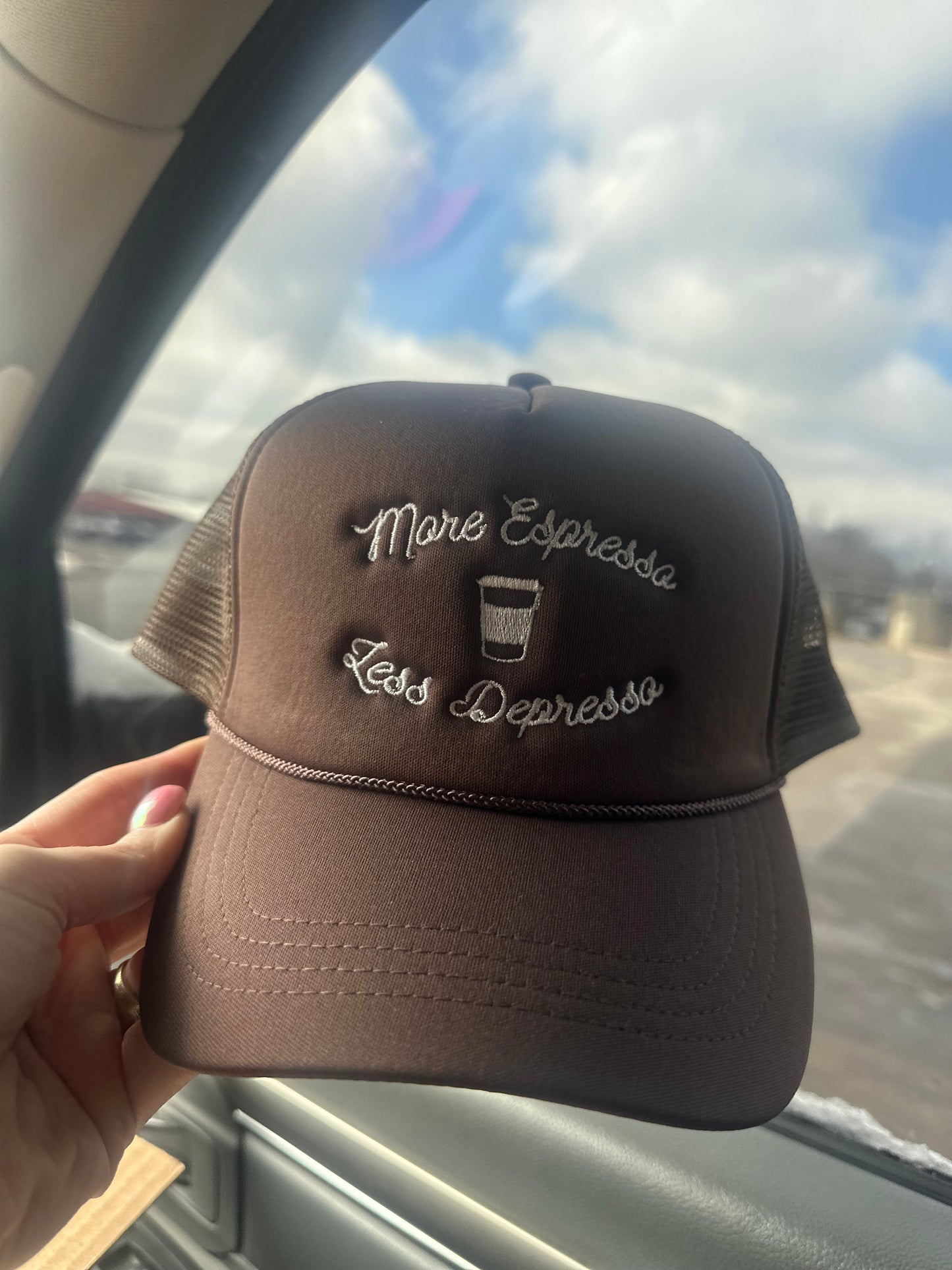 More espresso less depresso trucker hat