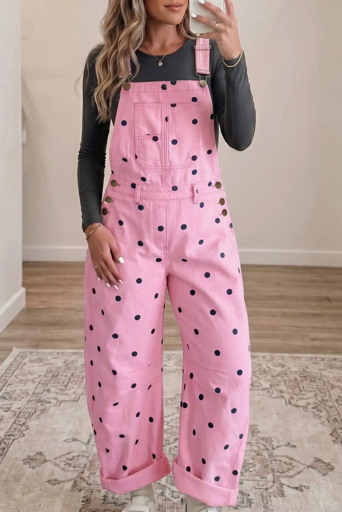 Pink Polka Dot Denim Barrel Overalls