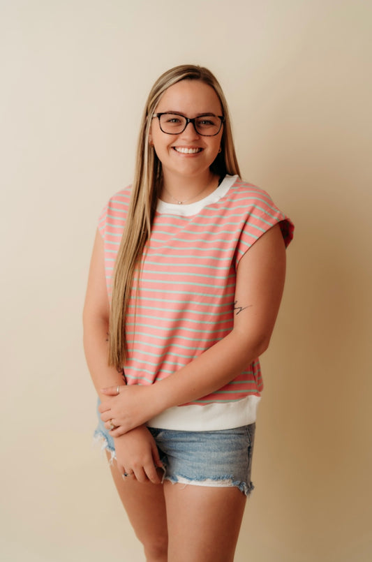 Pink/Green Stripe cap sleeve top