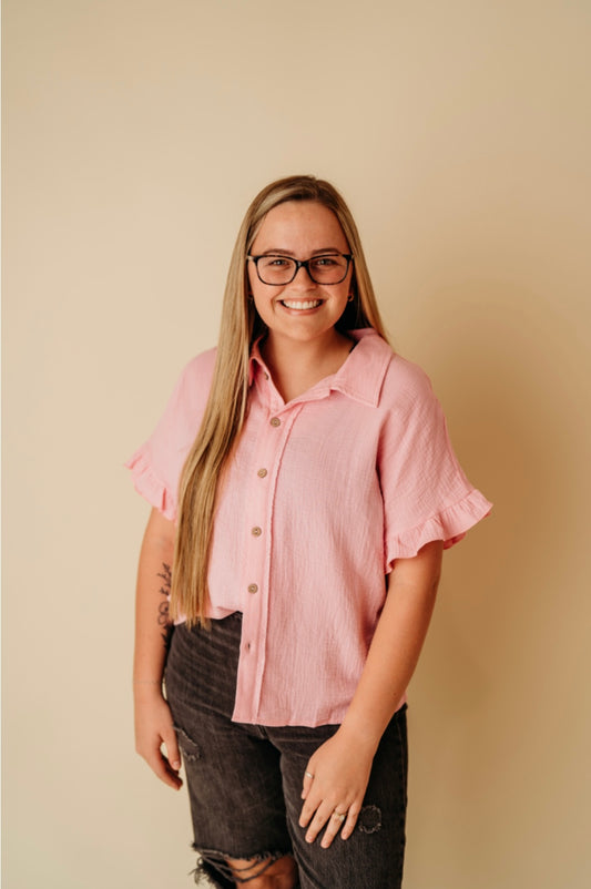 Pink washed textured short sleeve top