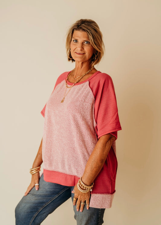 Oversized Fuchsia uneven hem stitched top