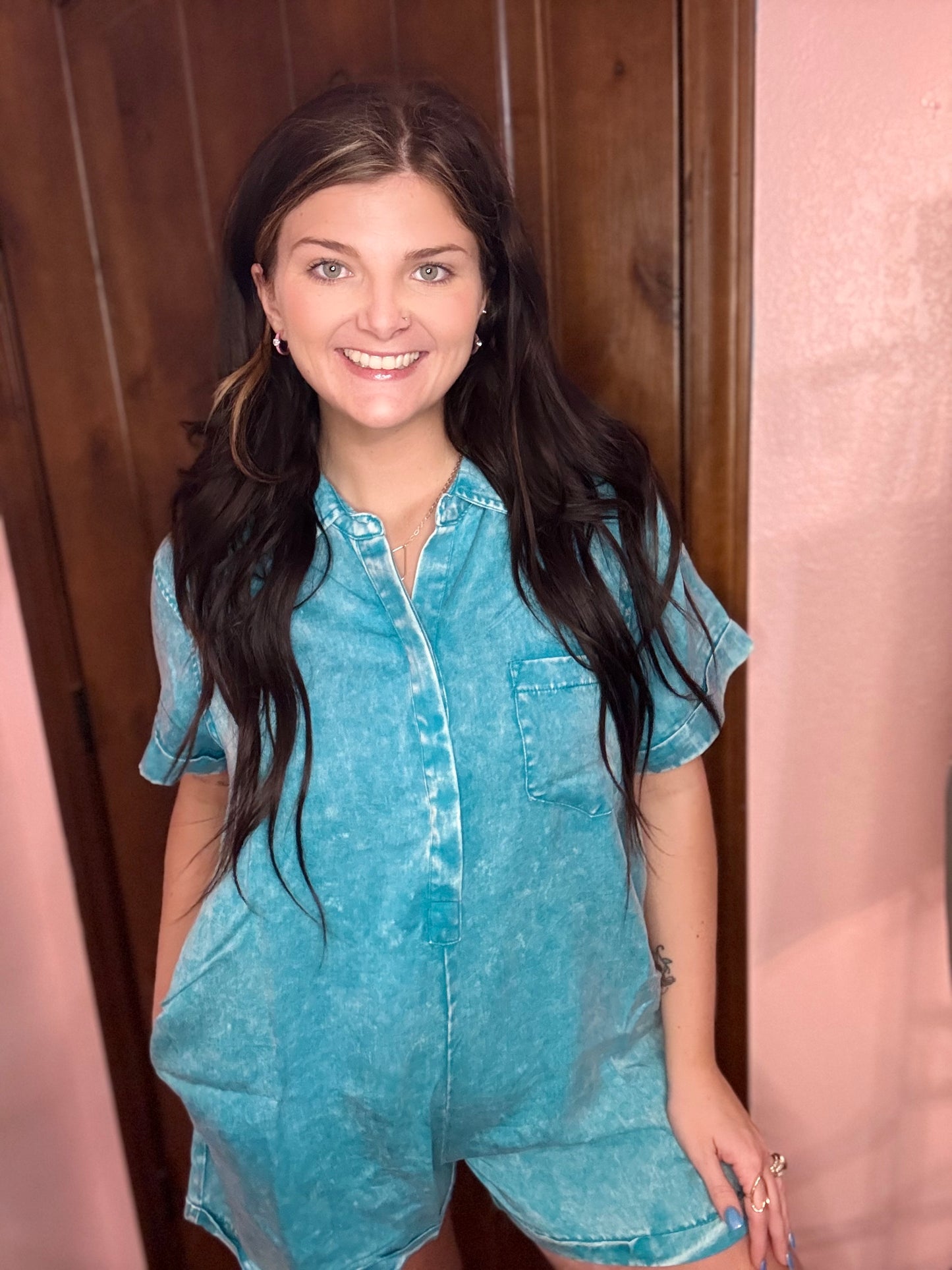 LT Teal mineral washed half button shirt romper