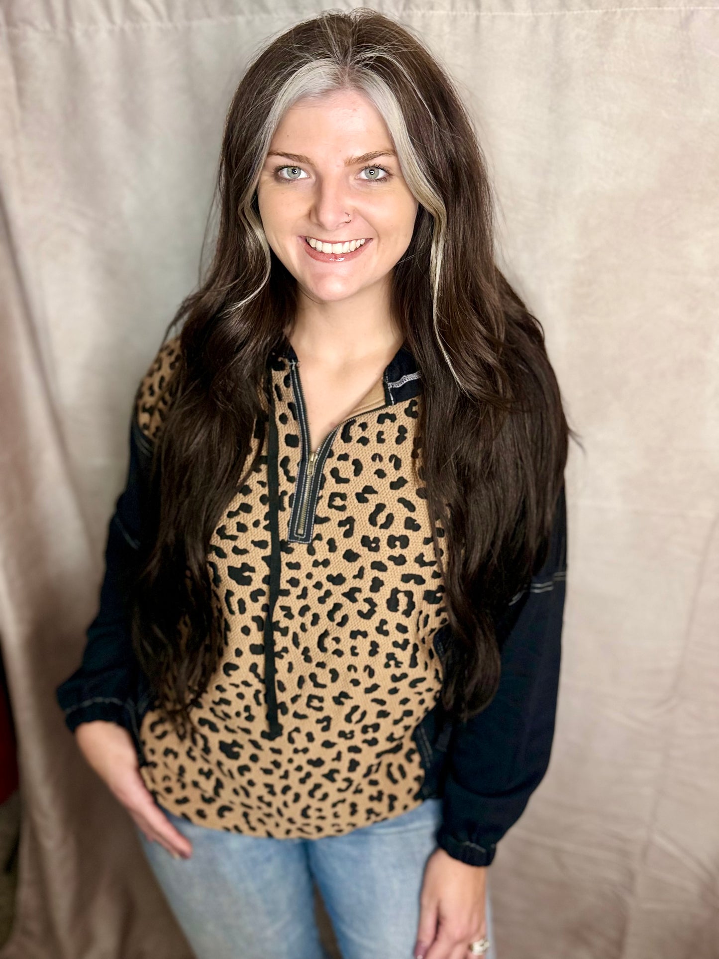 Leopard Black Hooded Quarter Zip