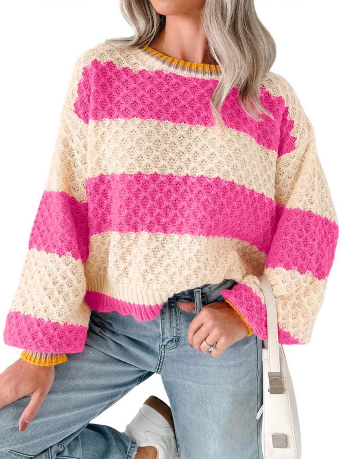 Pink Striped Textured Sweater